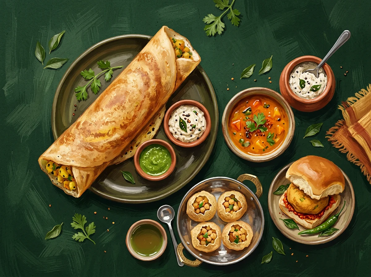 Painted illustration of dosa, pani puri and vada pav with chutneys